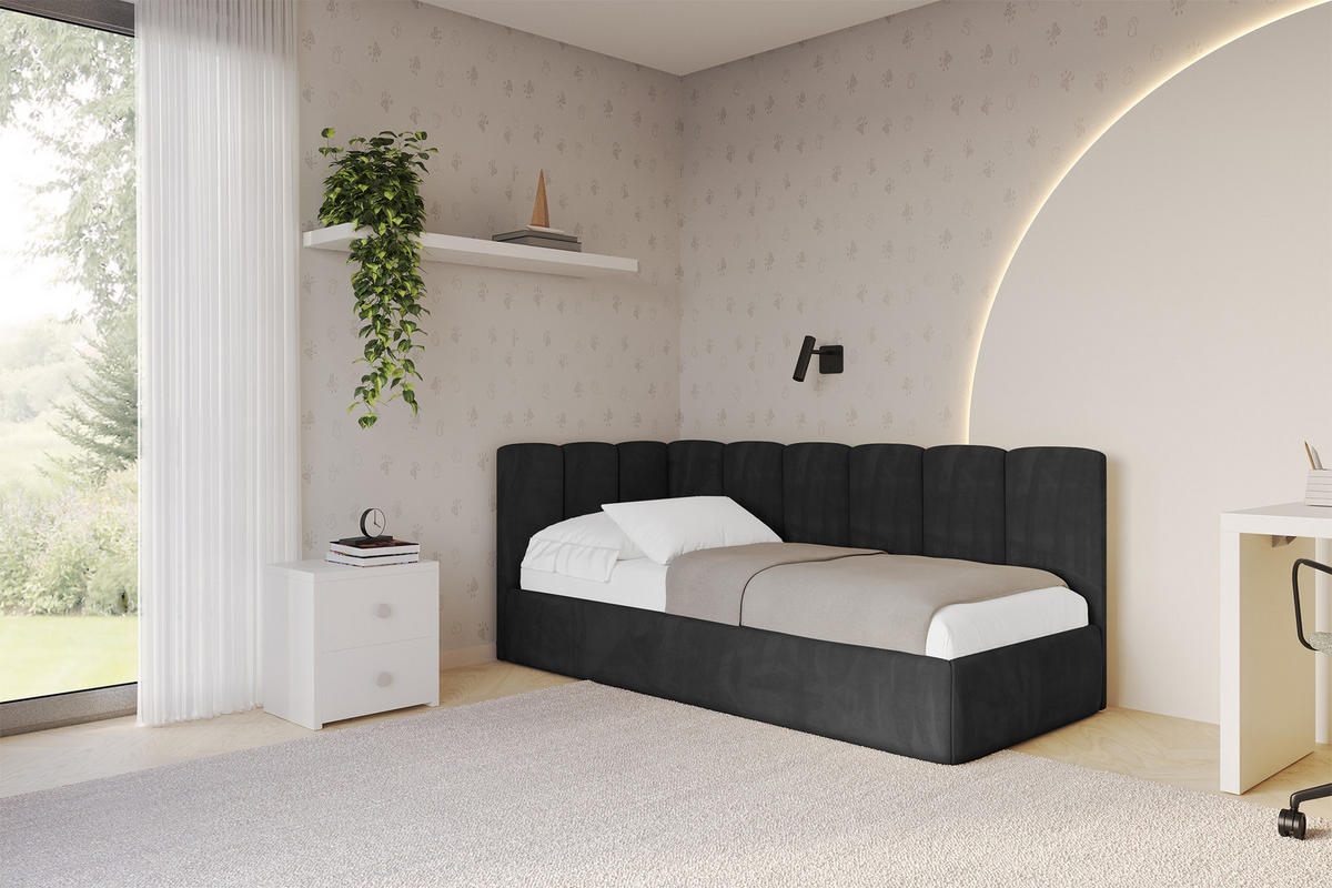 EINZELLBETT Jugendbett mit Bettkasten und Matratze H3/H4, Rechts - DEXY 80x200 Schwarz - Anthrazit, Holzwerkstoff/Textil (80/200cm) - ALTDECOR