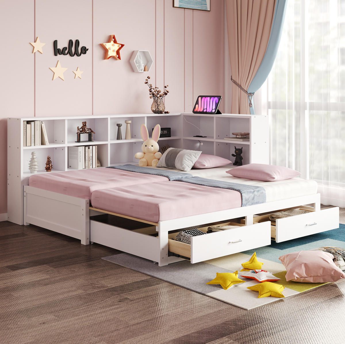 MULTIFUNKTIONSBETT 90/190 cm weiß aus Holz mit Ausziehbett Stauraum Steckdose - Weiß, Holzwerkstoff (90/190cm) - OKWISH
