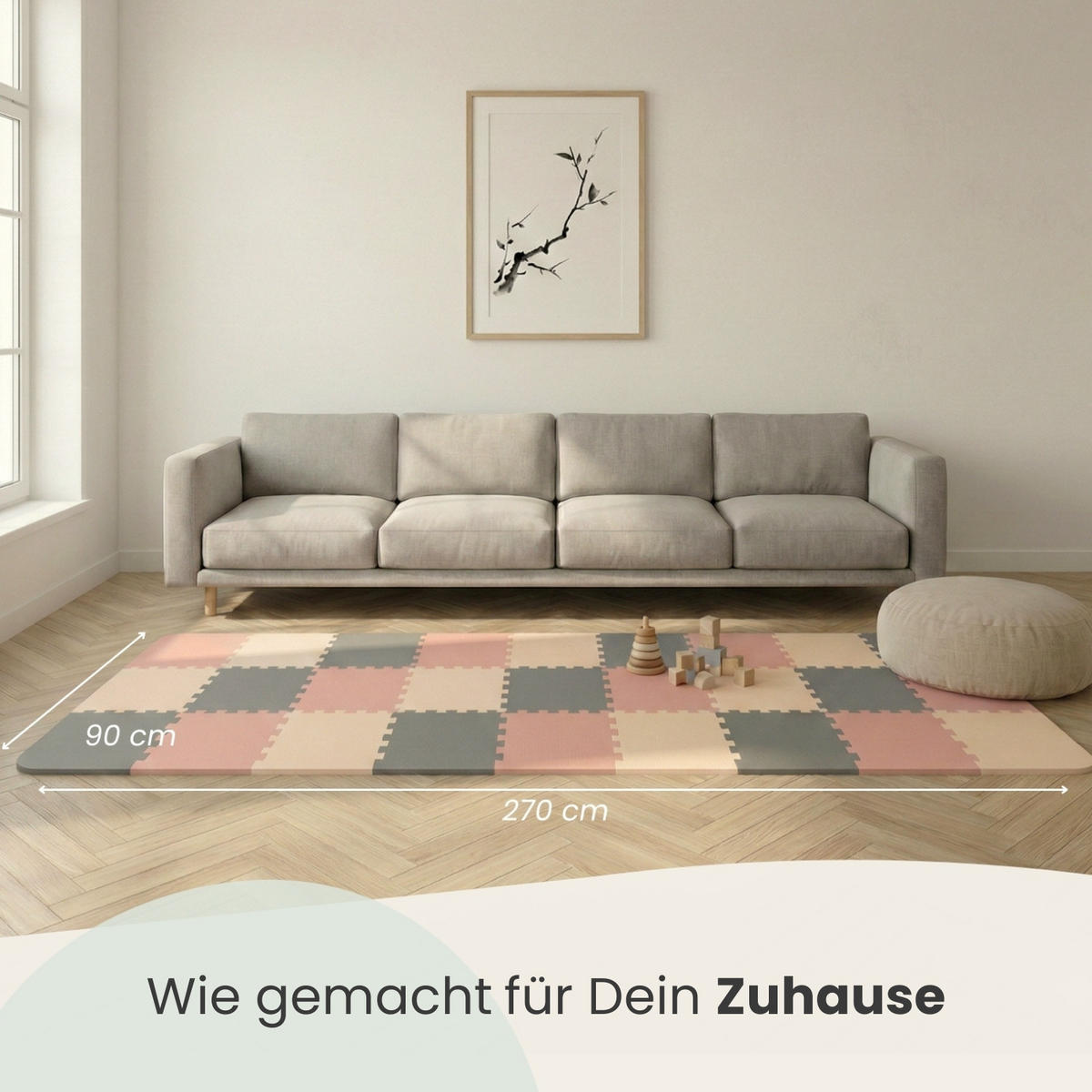 SPIELMATTE ab Null - 270/90/1 cm Puzzlematte mit Rand Terrakotta Grau Beige - Grau, Kunststoff (30/30cm) - Littletom