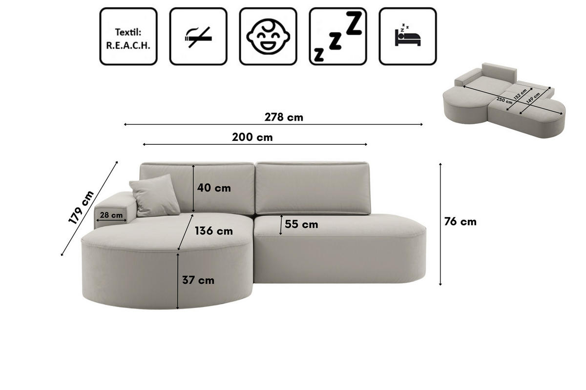 ECKSOFA Modena Pro - Komfort Und Stil Stoff Salvador Hellgrau Links - Hellgrau, Holz (278/179cm) - Kaiser Möbel