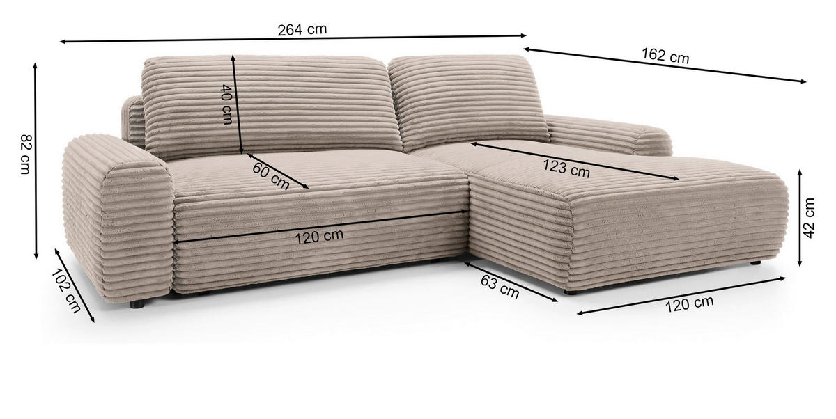 ECKSOFA Alferia Beige mit Cordbezug - Beige/Schwarz, Kunststoff/Textil (264/162cm) - Selsey