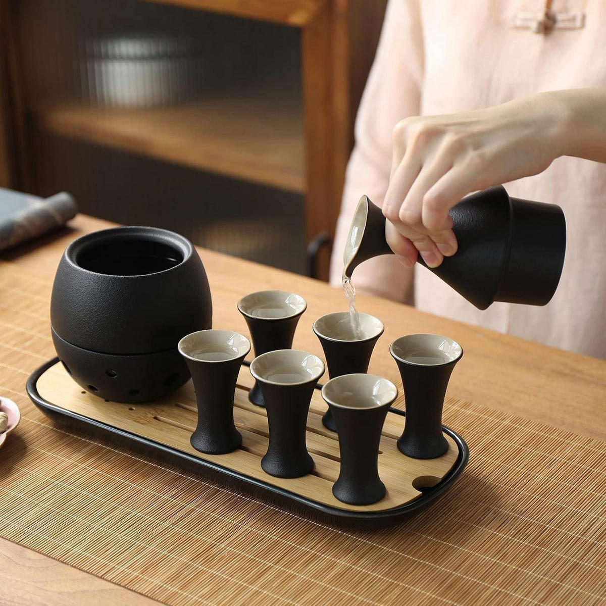 SAKE Set 10-teiliges Set Keramik mit Bambustablett und Ledertasche - Multicolor, Keramik (12/30.5cm)