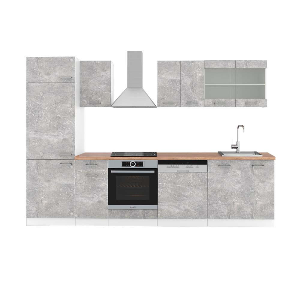 KÜCHENZEILE R-Line Beton/Weiß 300 cm, AP Eiche - Schieferfarben/Weiß, Holzwerkstoff (300/81.6/60cm) - Vicco