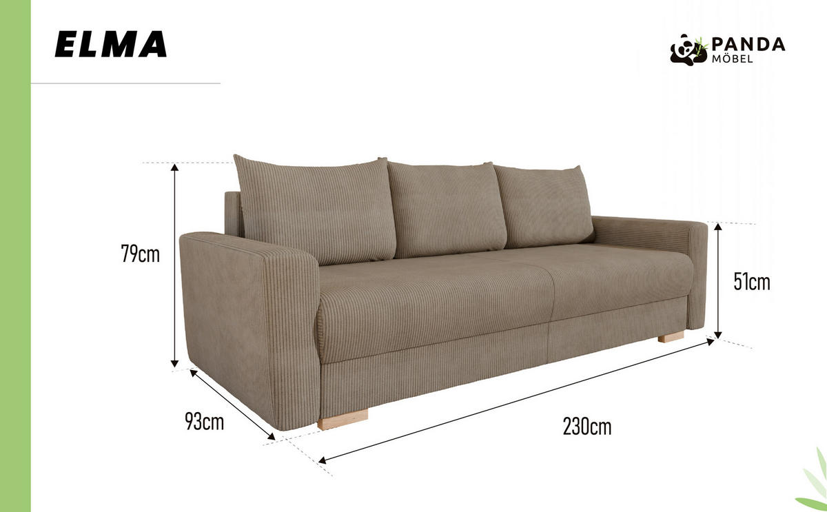 3-SITZER-SCHLAFSOFA ELMA mit Bettfunktion, hellbraun - Hellbraun, Holz (92.5/79/230cm) - Panda Möbel