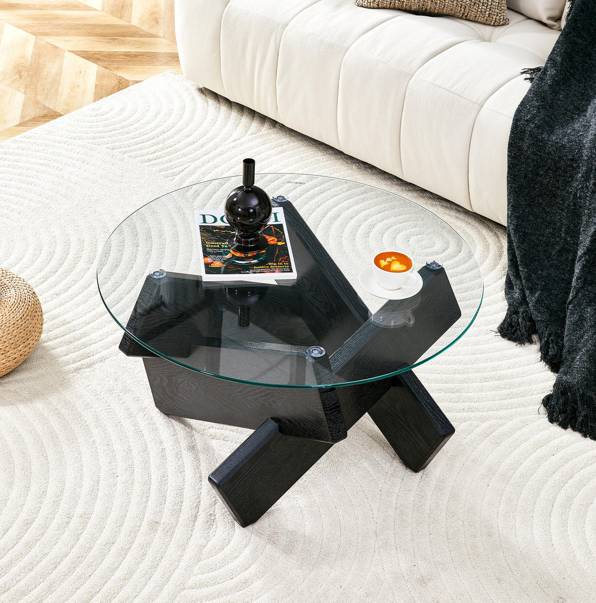 COUCHTISCH 79 cm aus Glas und MDF mit kreuzförmigem Gestell - Schwarz, Holzwerkstoff (79/79/45cm) - BEAOK