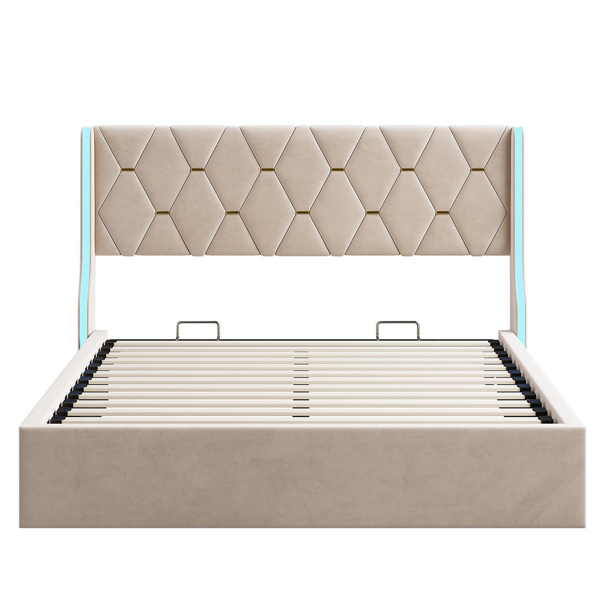POLSTERBETT 140 × 190 cm, Kopfteil mit LED-Lichtleiste und hydraulischem Stauraum,Doppelbett, beige, Samtbezug. - Beige, Holz (140/200cm) - WoodenAura