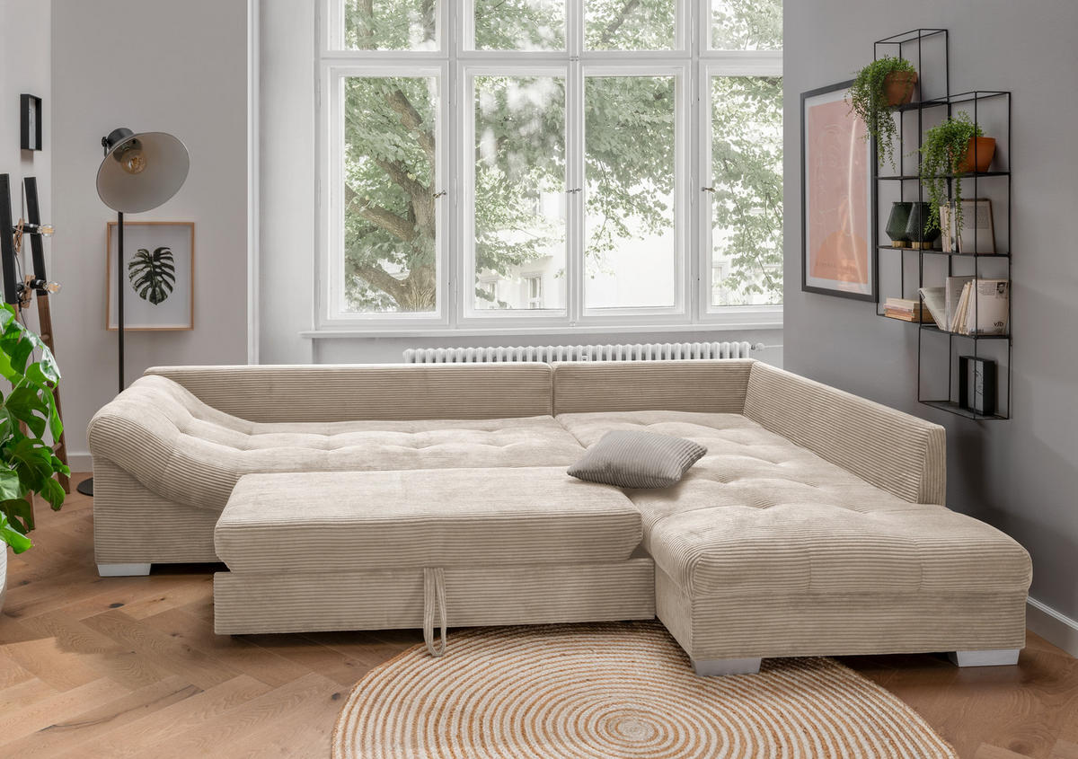 ECKSOFA mit Schlaffunktion, Wellenunterfederung, Ottomane rechts B298/T202/H84 cm, Liegefl. 154x227 cm, Cord Beige / 17203 - Beige/Silberfarben, Holz/Textil (298/202cm) - luma-home