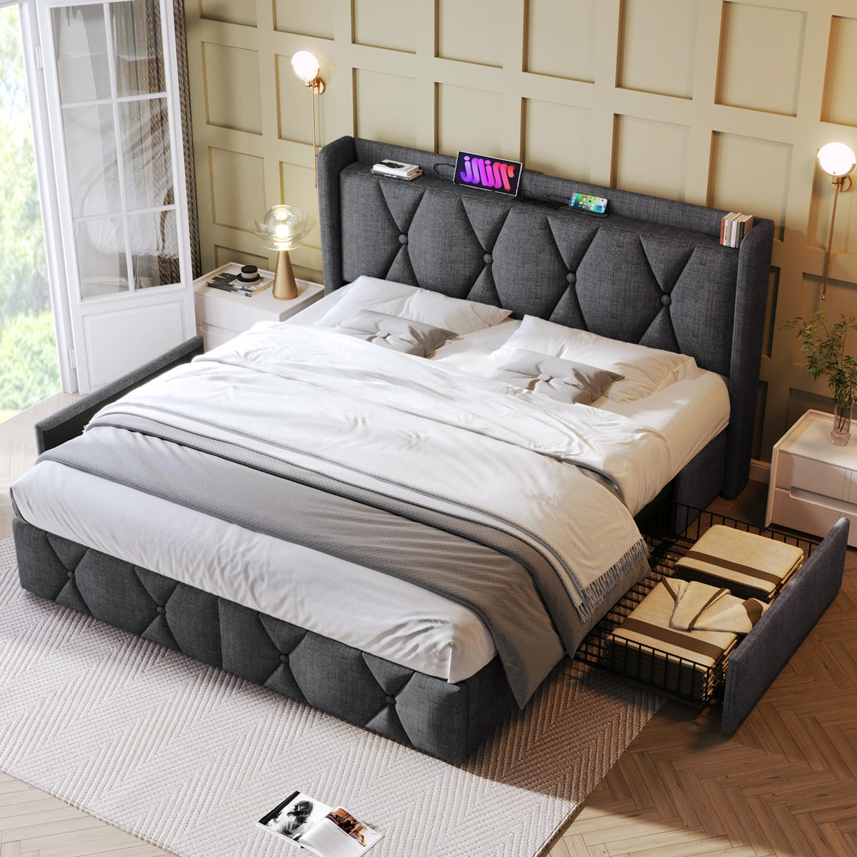 POLSTERBETT 160/200 cm Grau aus Leinen mit USB und 4 Schubladen mit Matratze - Grau, Textil (160/200cm) - OKWISH