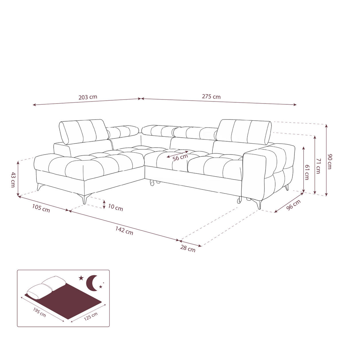 ECKSOFA PUDDING L Links mit Schlaffunktion 125x195 Velours Dunkelgrau - Dunkelgrau/Schwarz, Holz/Textil (203/275cm) - Muffo