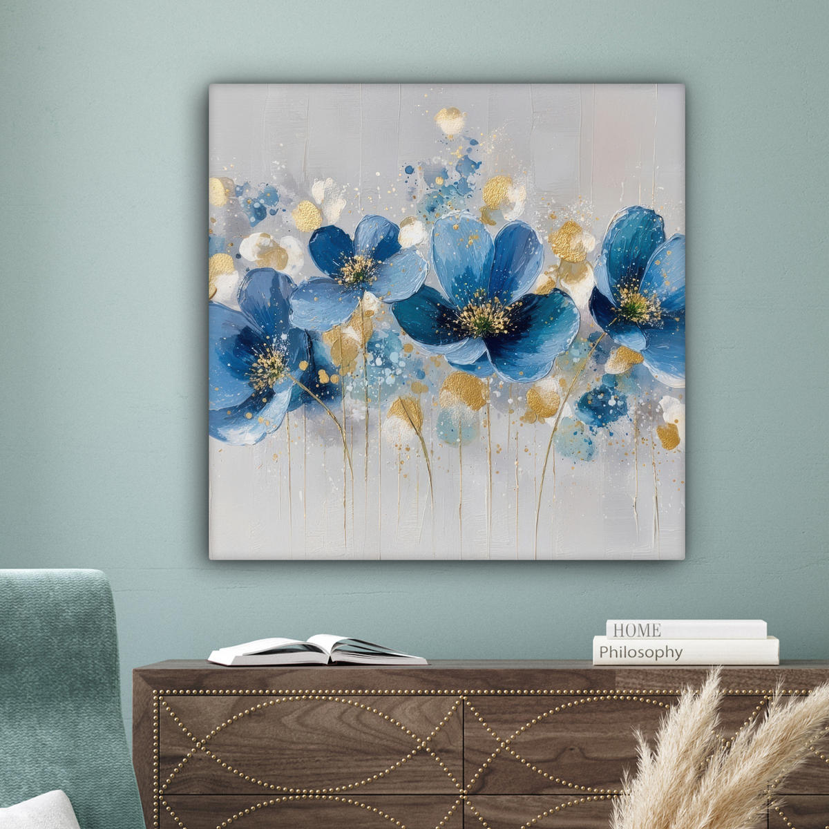 LEINWANDBILD Blumen - Blau - Abstrakt Deko Groß 90x90 cm - Hellgrau, Textil (90/90cm) - MuchoWow