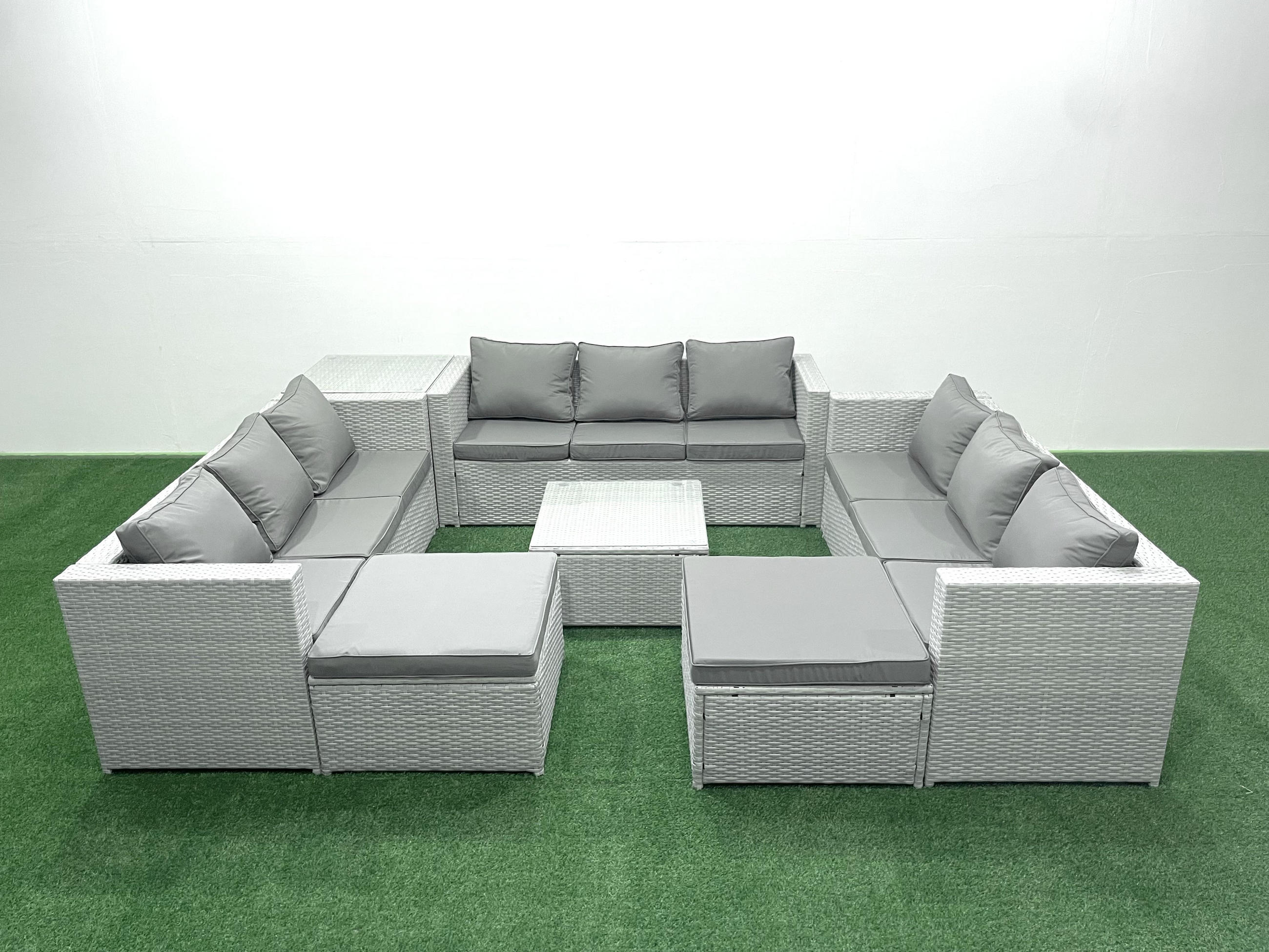 GARTENMÖBELSET mit 3-SITZER SOFA,COUCHTISCH Polyrattan Hellgrau-Mix 11-Sitzer - Hellgrau/Grau, Glas/Kunststoff - Fimous