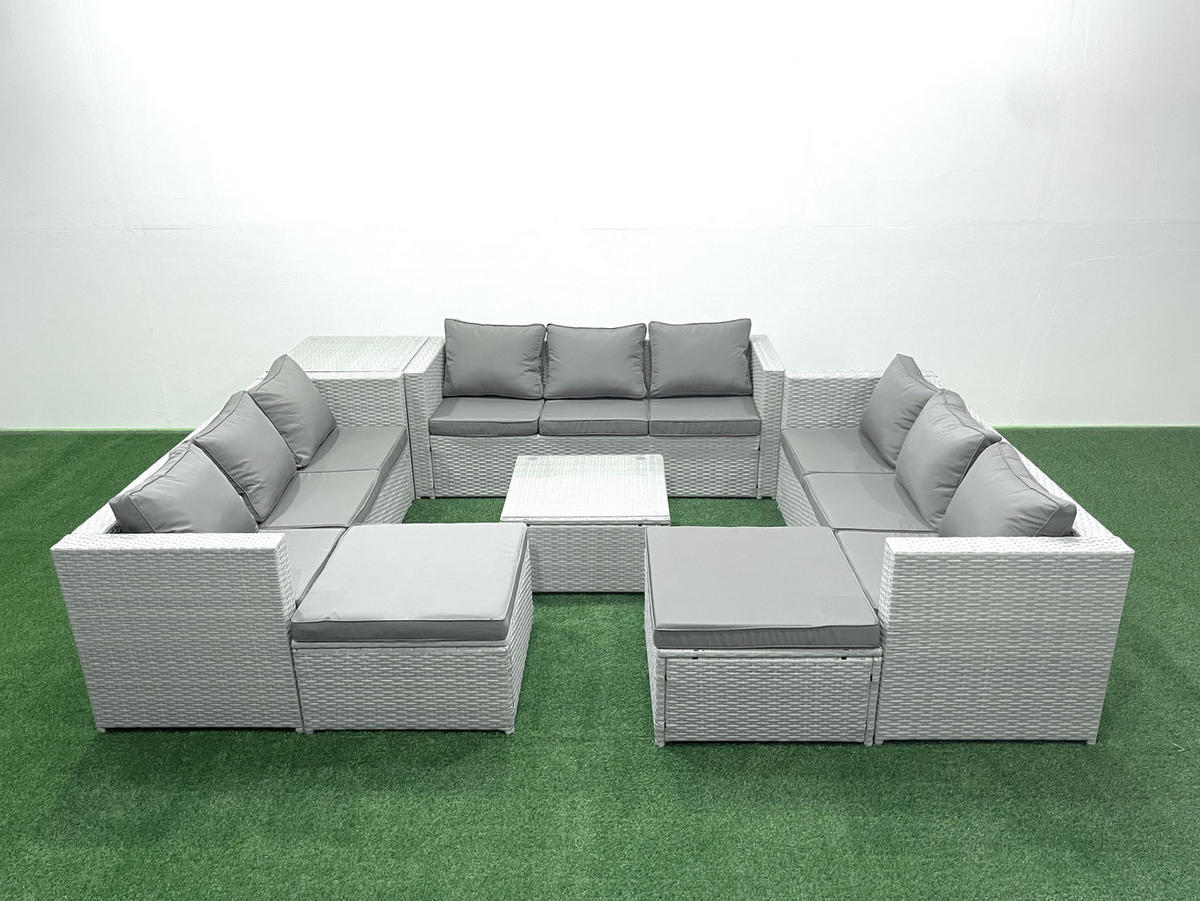 GARTENMÖBELSET mit 3-SITZER SOFA,COUCHTISCH Polyrattan Hellgrau-Mix 11-Sitzer - Hellgrau/Grau, Glas/Kunststoff - Fimous