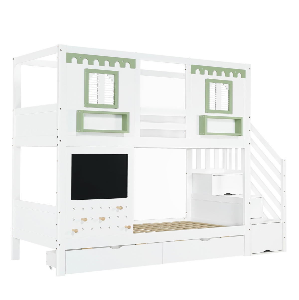 POSCHODOVÁ posteľ 90/200 cm bielo-zelená z masívu a MDF s úložnými schodmi a 2 zásuvkami - biela, drevo (90/200cm) - OKWISH