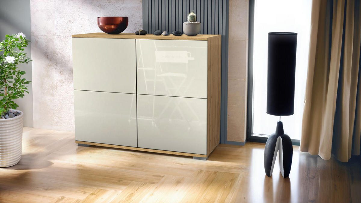 KOMMODE Rova Creme Hochglanz - Creme, Holzwerkstoff (92.5/75.5/35cm) - Vladon