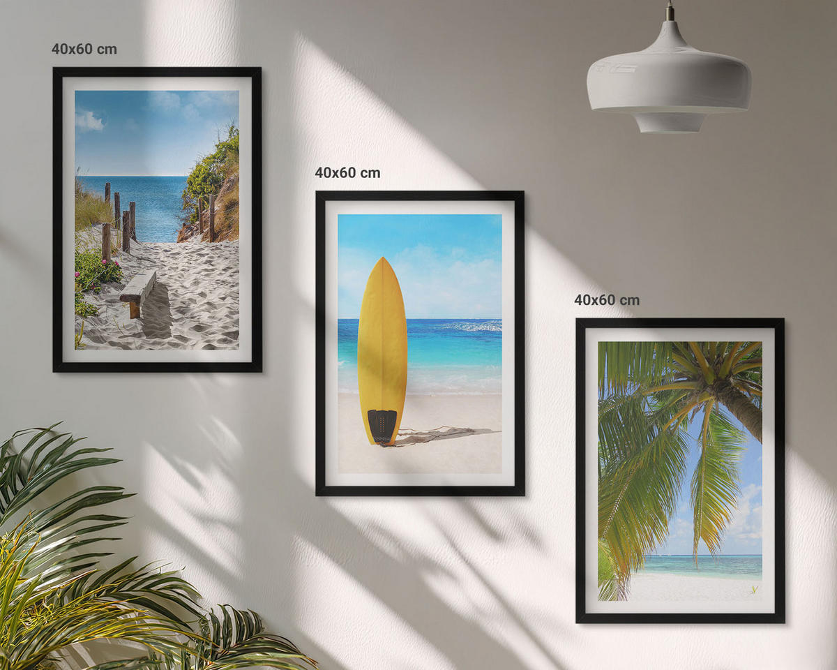 WANDBILDER 3er-Set - 40x60 cm Schwarzer Rahmen - Urlaubsstrände, Wellen, Palmen - Schwarz, Kunststoff (40/60cm) - ArtPrintCave