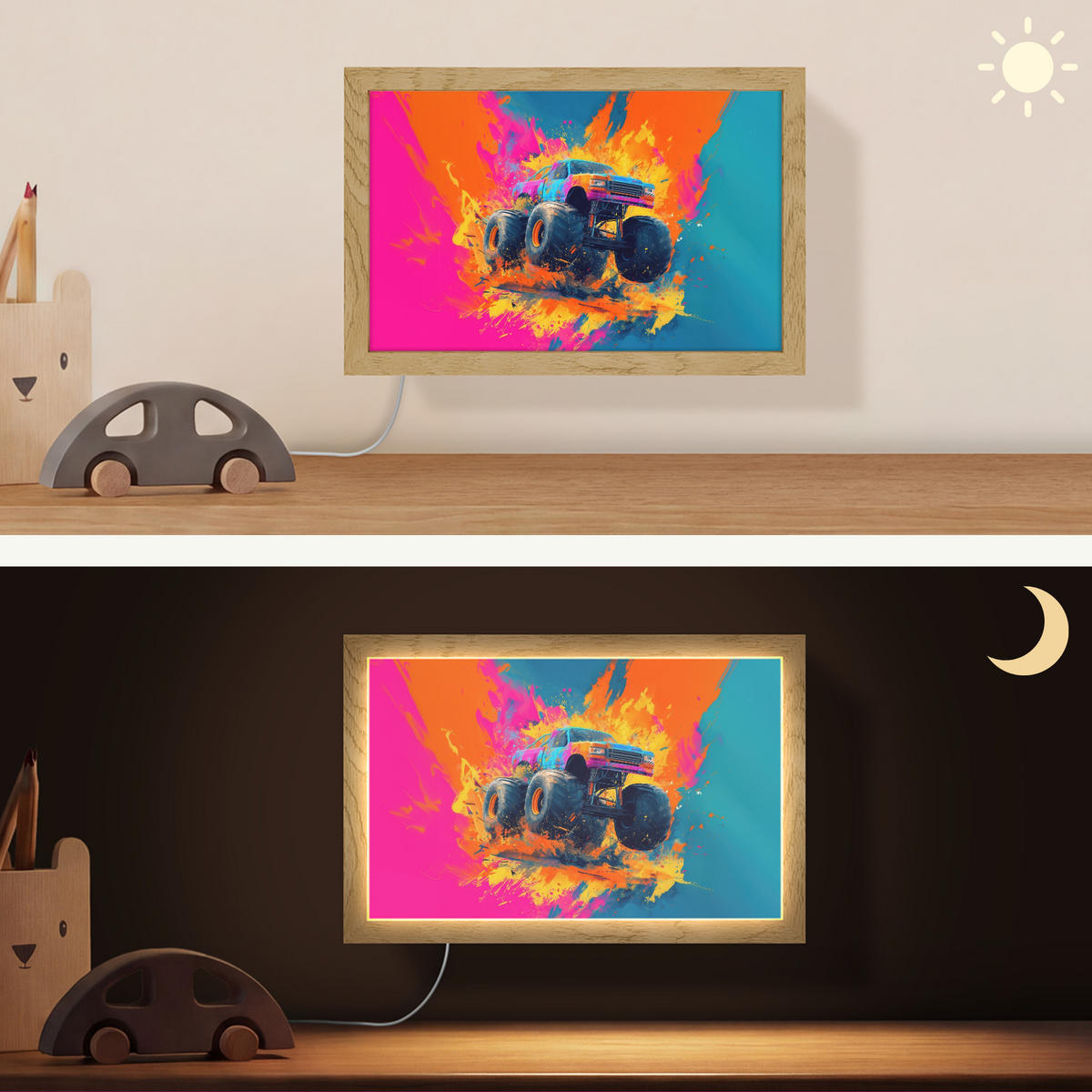 NÁSTĚNNÁ LAMPA Monster truck - Abstraktní - Stříkající barva - Barevné 30x20 cm - růžová, kompozitní dřevo (30/20/8cm) - OnlyWow
