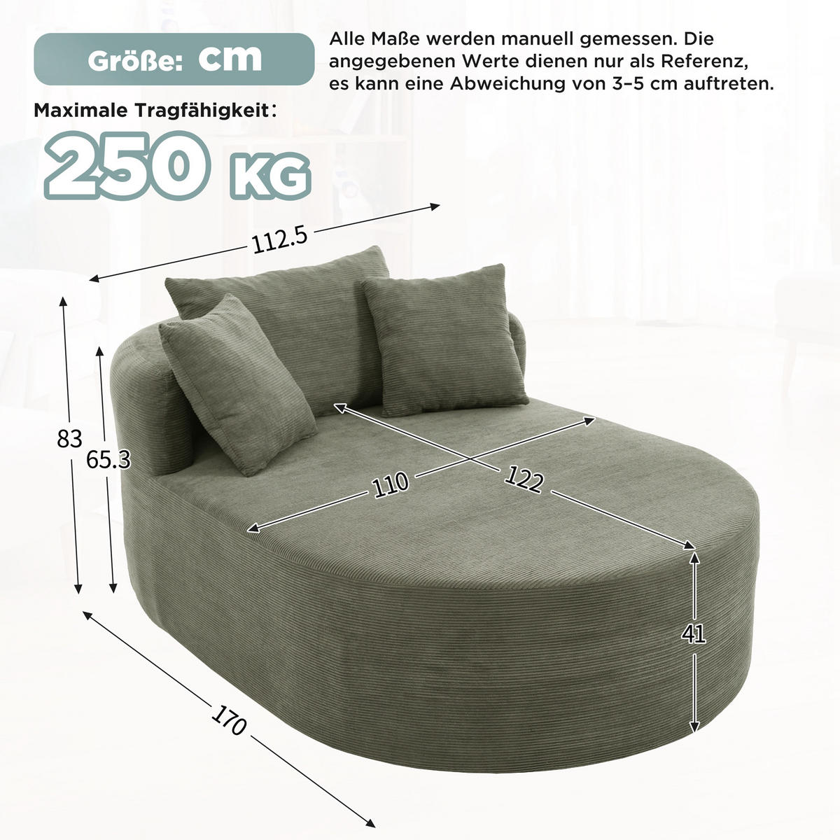 XXL-SESSEL montagefrei mit 122 cm Sitztiefe, DE-42520, Grün - Grün, Textil (170/83/112.5cm) - ComfortXL