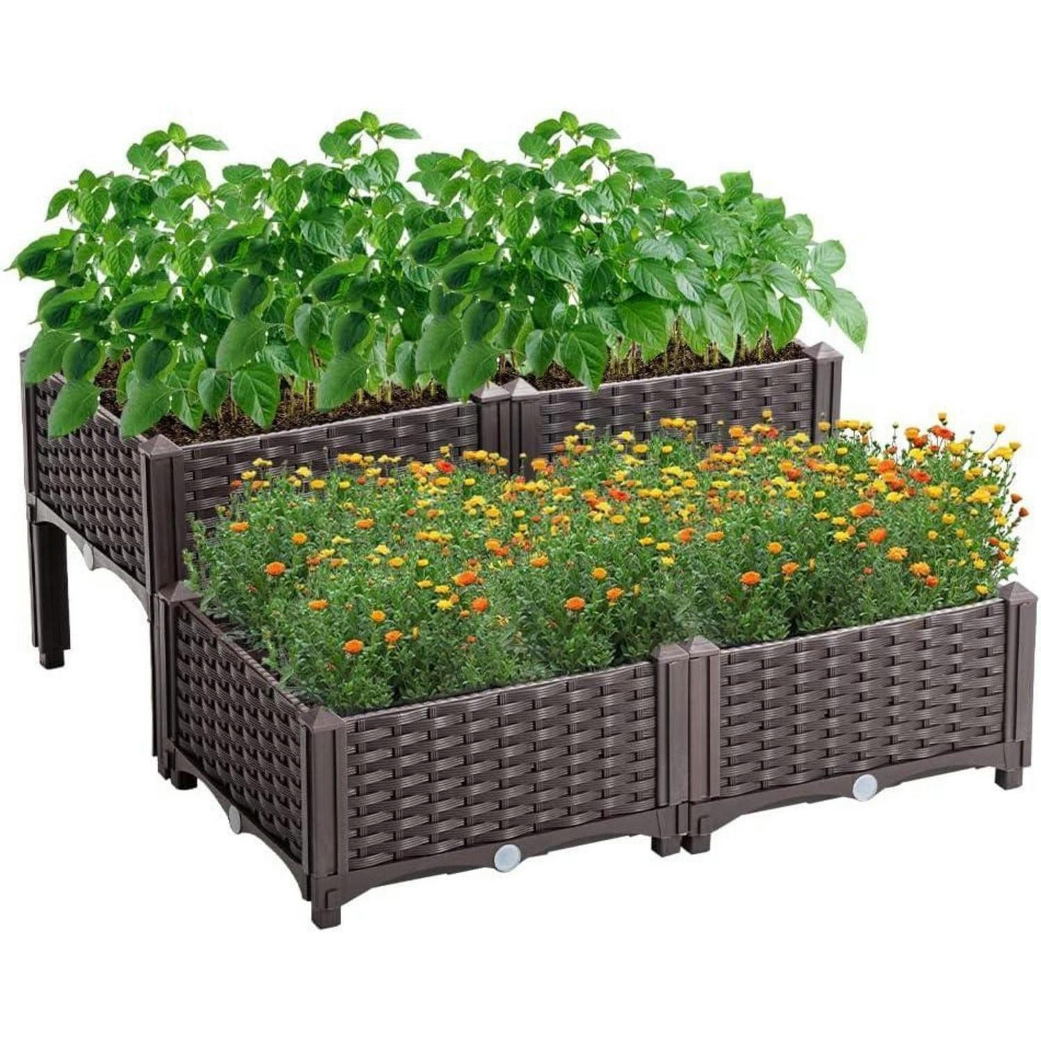 HOCHBEET Kunststoff-Rattan Braun 80 x 80 x 23-38 cm - Braun, Kunststoff (80/38/80cm)