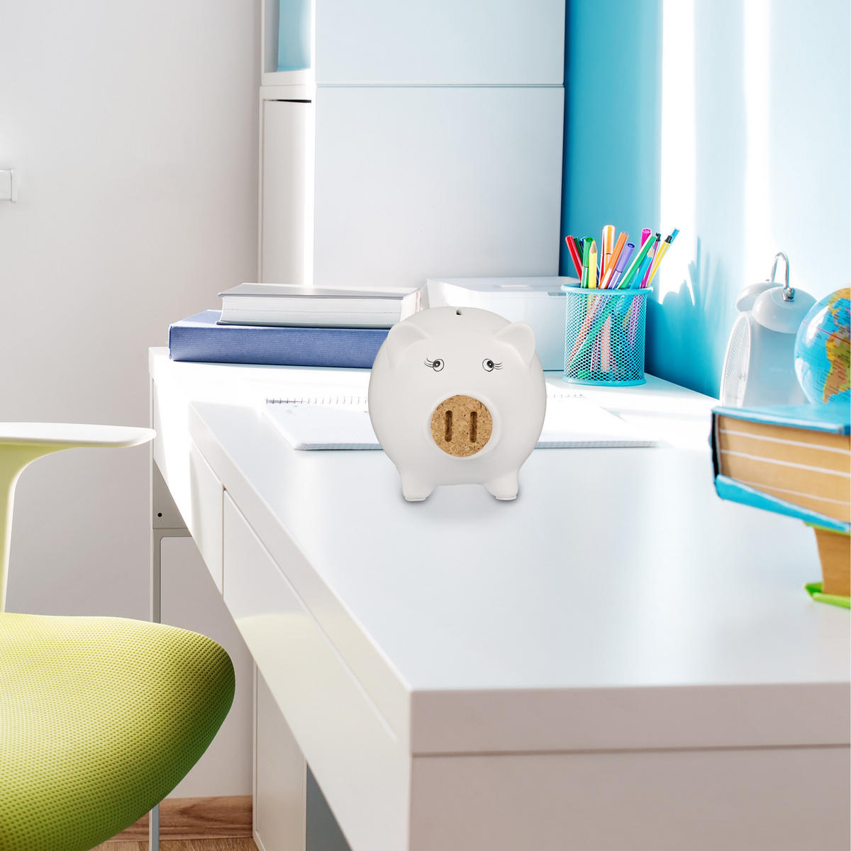 SPARSCHWEIN - Weiß, Naturmaterialen/Stein (15.5/15.5/19cm) - Relaxdays