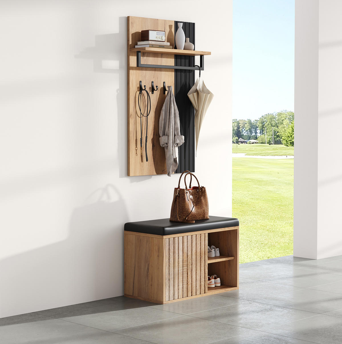 FLURSCHRANK mit Schuhbank 70 x 36 x 146 cm Spanplatte Schwarz/Natur - Schwarz, Holzwerkstoff (36/146/70cm) - Beauniv