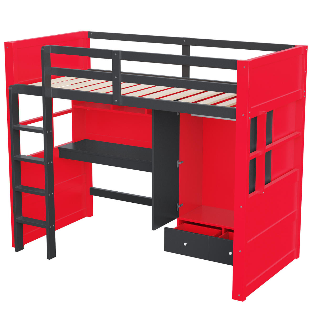 HOCHBETT 90x200cm Gaming Schreibtisch Schrank Stauraum Rot - Multicolor, Holz (90/200cm) - FLIEKS