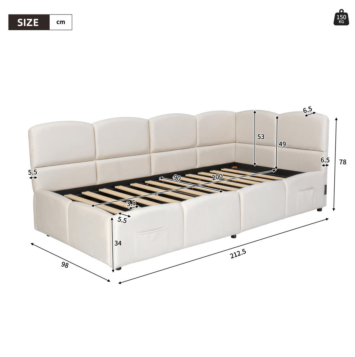 POLSTERBETT 90/200 cm aus Samt mit hydraulischem Stauraum und USB-Anschluss Beige - Beige, Textil (90/200cm) - Modenvie