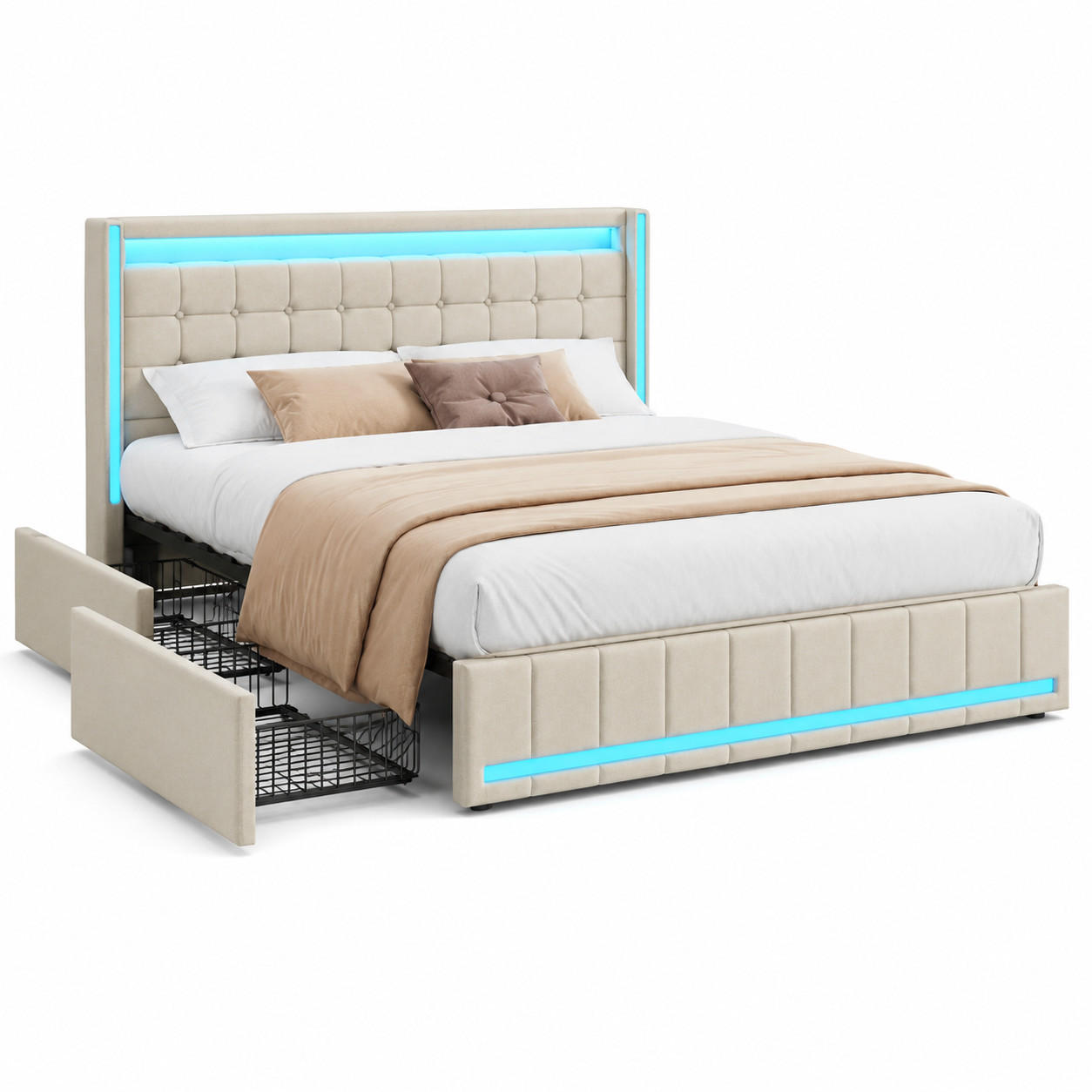 POLSTERBETT 140/200 cm Beige, mit 4 Schubladen, LED und Ladefunktion - Beige, Holz/Metall (140/200cm) - Joyfair