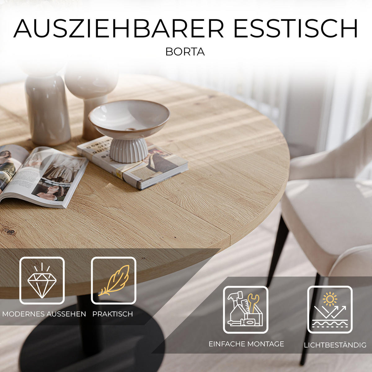 TISCH einbeinig schwarzes Bein, MDF Tischplatte, Wotan Eiche - Hellbraun/Schwarz, Holzwerkstoff (100/100/76cm) - Idohome