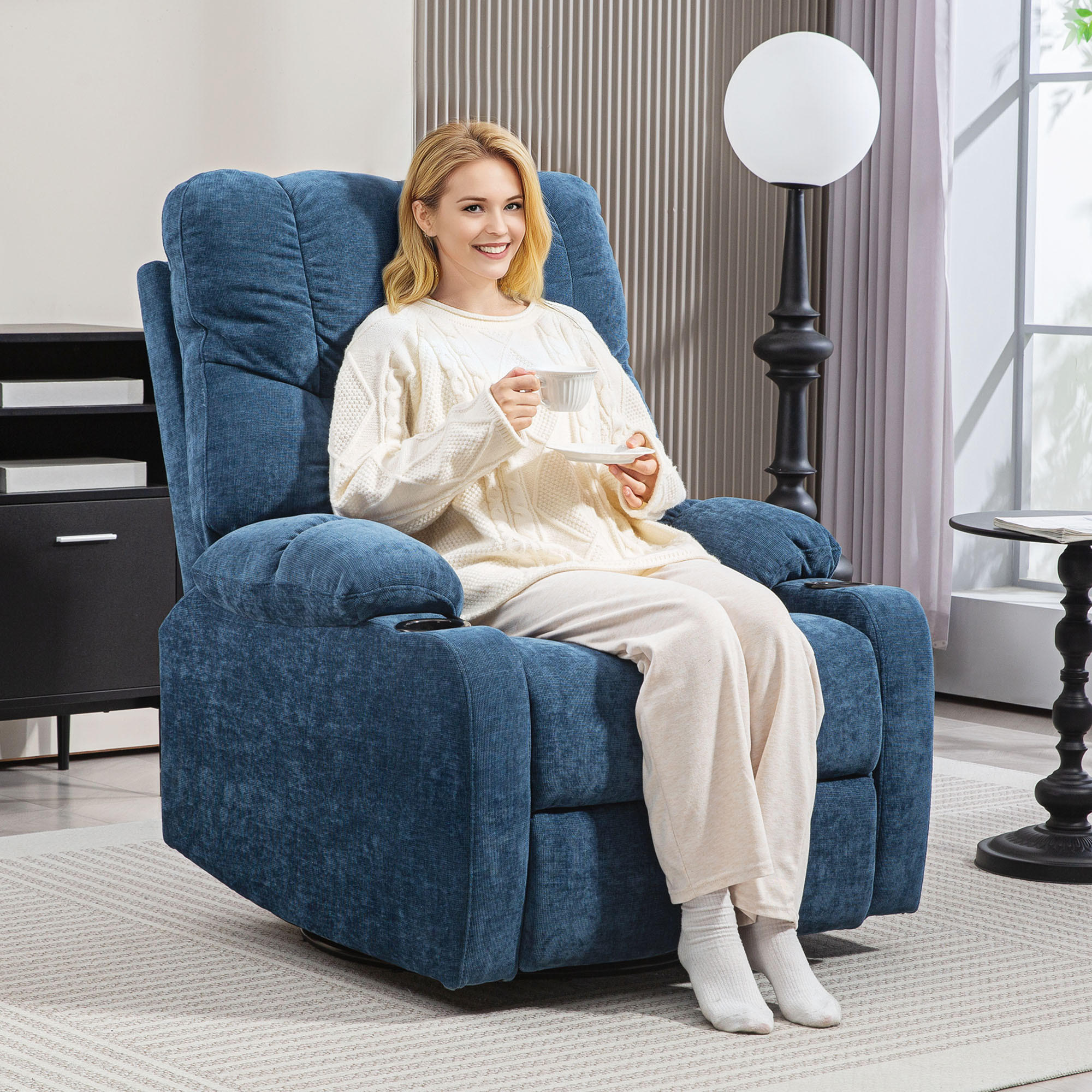 RELAXSESSEL Drehbar Fernsehsessel mit Liegefunktion, Schaukelfunktion Dunkelblau - Blau/Schwarz, Textil/Metall (96/108/88cm) - HOMCOM
