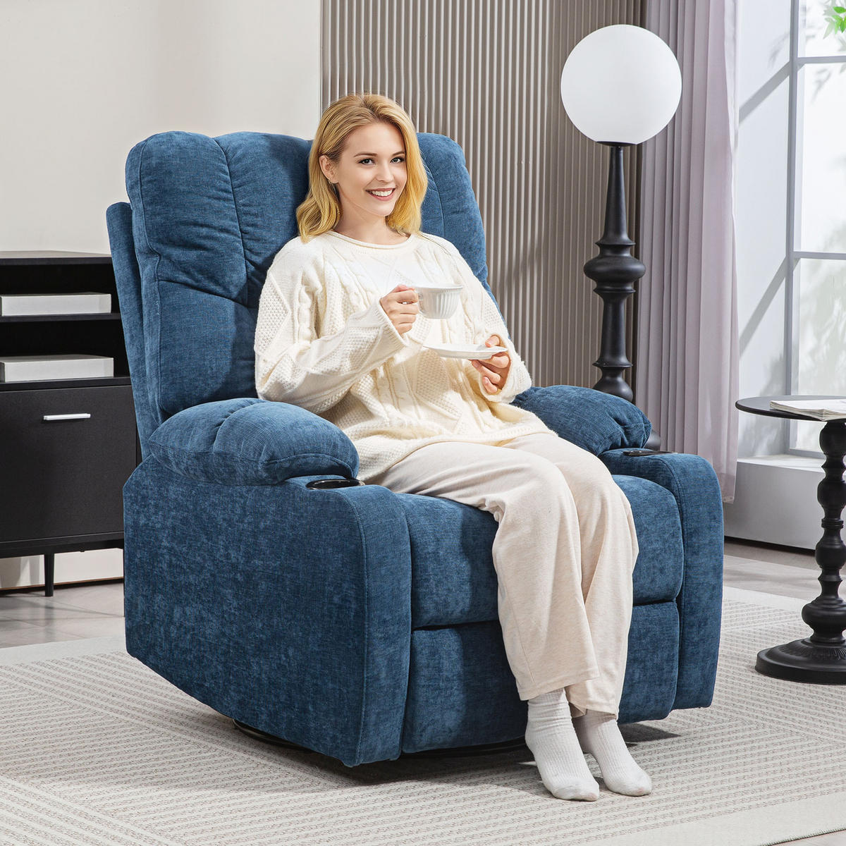 RELAXSESSEL Drehbar Fernsehsessel mit Liegefunktion, Schaukelfunktion Dunkelblau - Blau/Schwarz, Textil/Metall (96/108/88cm) - HOMCOM