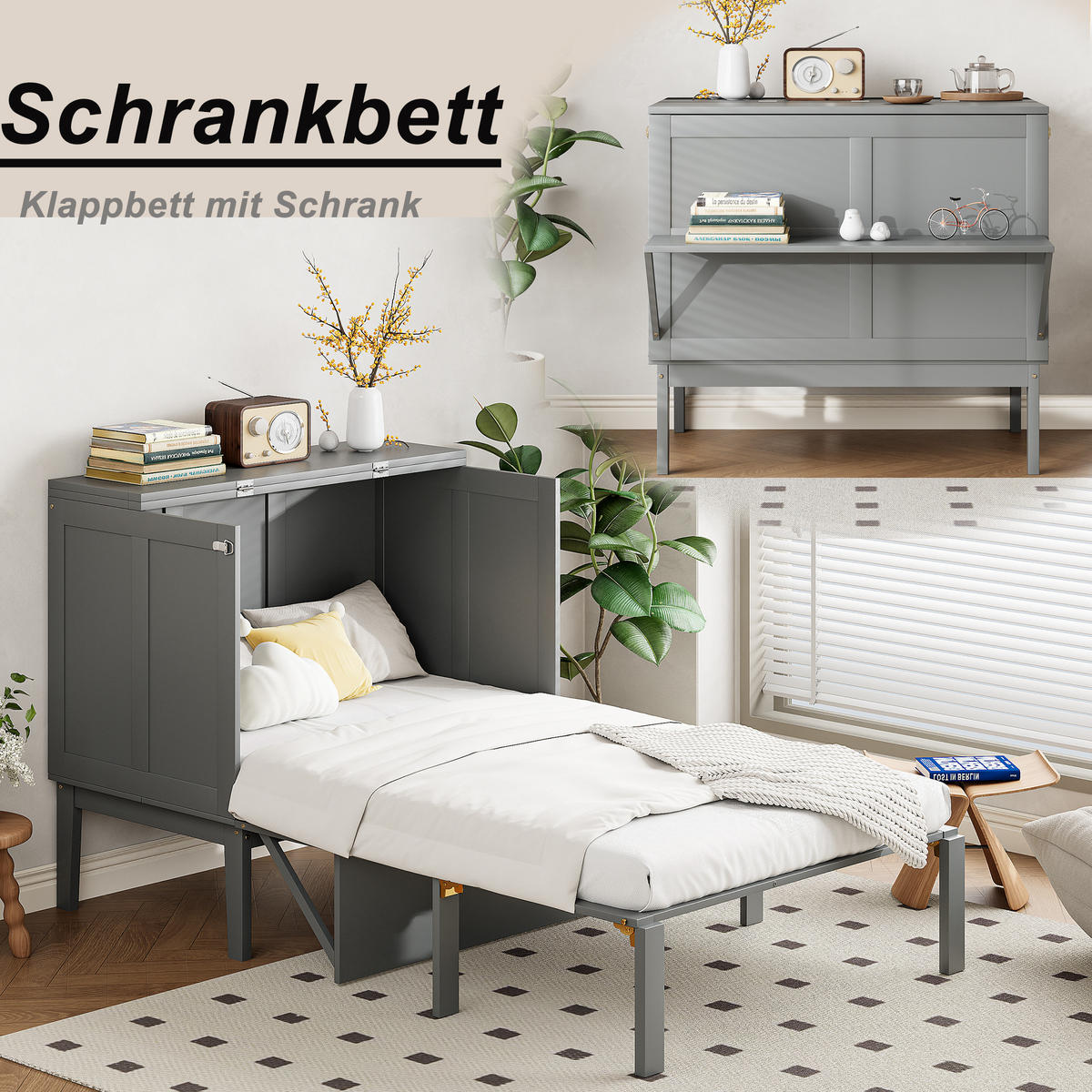 SCHRANKBETT 90x200 Wandklappbett Lattenrost Vertikal Grau - Grau, Holzwerkstoff - FLIEKS