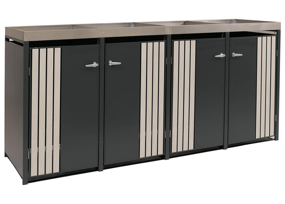 MÜLLTONNENBOX 4er mit Pflanzkasten HxBxT 125x260x84cm Anthrazit Holzoptik hell - Anthrazit, Metall (260/125/84cm) - PROREGAL