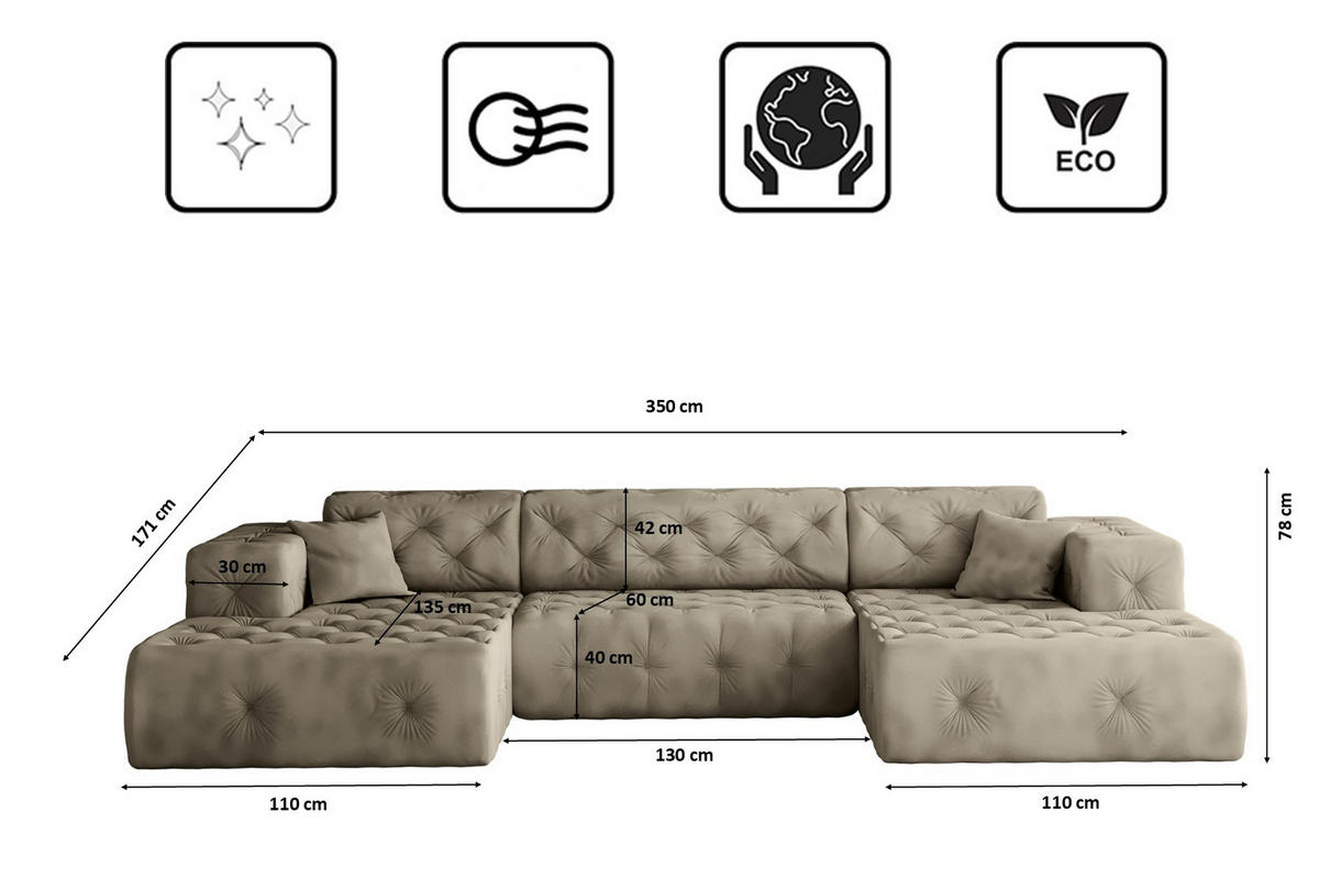 ECKSOFA LUX U-Form, Gesteppt, Stoff Whisper, Creme - Ecru, Holz/Textil (350/171cm) - Kaiser Möbel