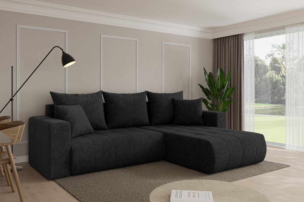 ROHOVÁ SEDAČKA s funkcí spaní, otoman vpravo MILA-L 277x194x86 černá velur - černá, kompozitní dřevo/textil (277/194cm) - ALTDECOR