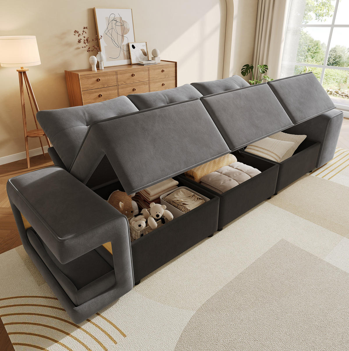 3-SITZER-SOFA 229,5/78/84 cm mit Stauraum, Haustiernischen und breiten Armlehnen, Samt, Grau - Grau, Textil (229.5/84/78cm) - Redom