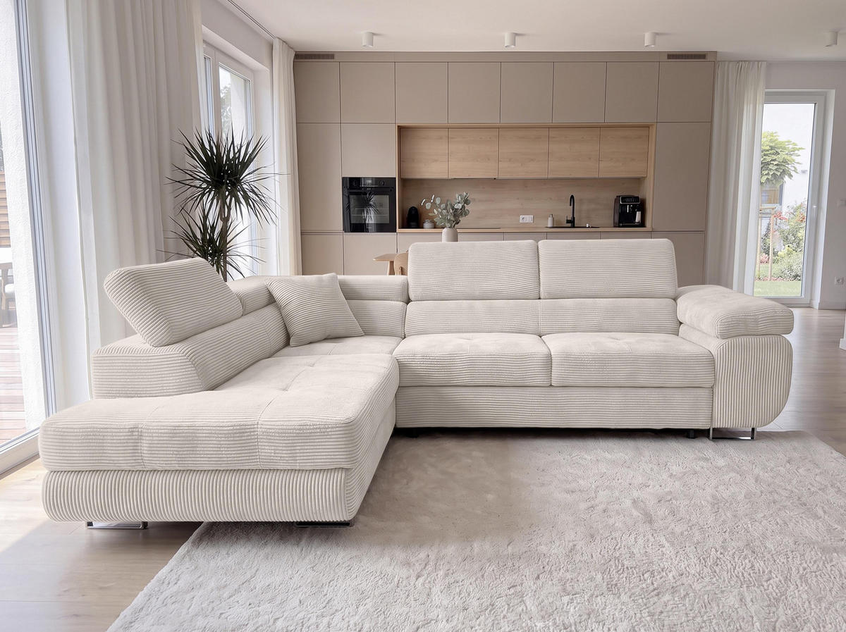 ECKSOFA L Form Konak Cremeweiß 276/201/90 cm Links mit Schlaffunktion - Silberfarben/Creme, Textil/Metall (203/276cm) - AX Living
