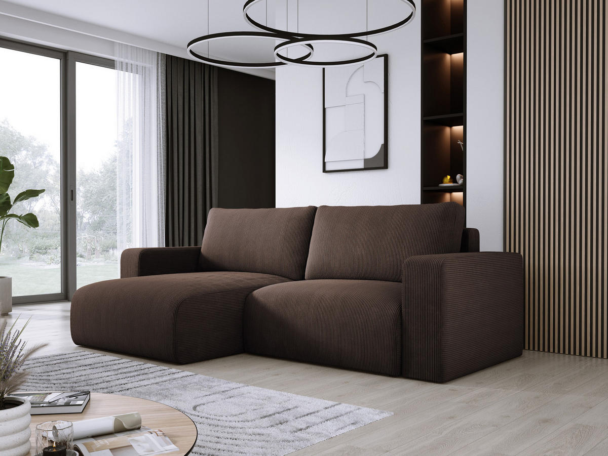 ECKSOFA Carl L-förmig Schlaffunktion und Bettkasten weicher Cordstoff flexibel stellbar lose Rückenkissen freistehend LINKS 143x247x83cm Dark brown - Dunkelbraun, Holz/Textil (143/247cm) - DomoHome