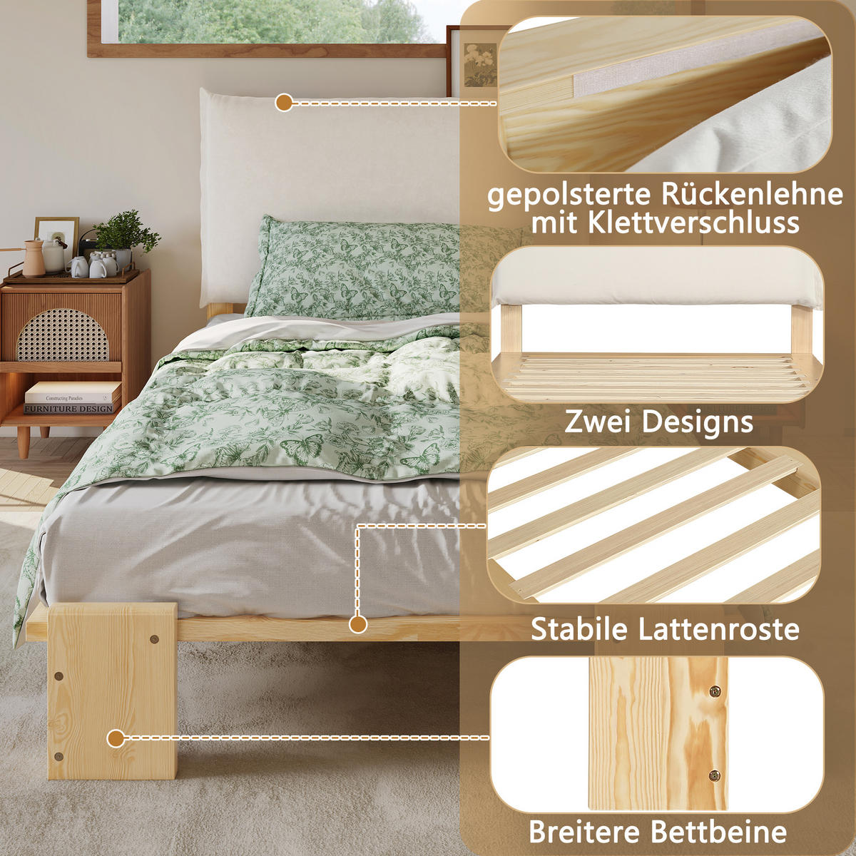 POLSTERBETT 90/200 cm natur aus Holz mit gepolsterter Rückenlehne - Naturfarben, Textil (90/200cm) - OKWISH