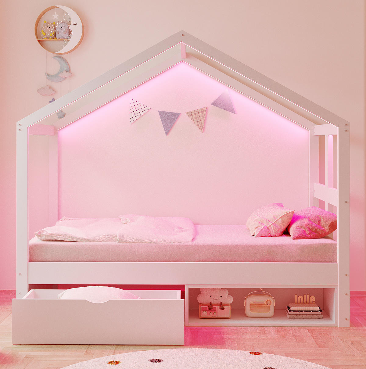 JUGENDBETT 90/190 cm aus Kiefernholz mit Schublade Schuhschrank und LED-Beleuchtung Weiß - Weiß, Holz (90/190cm) - Modenvie