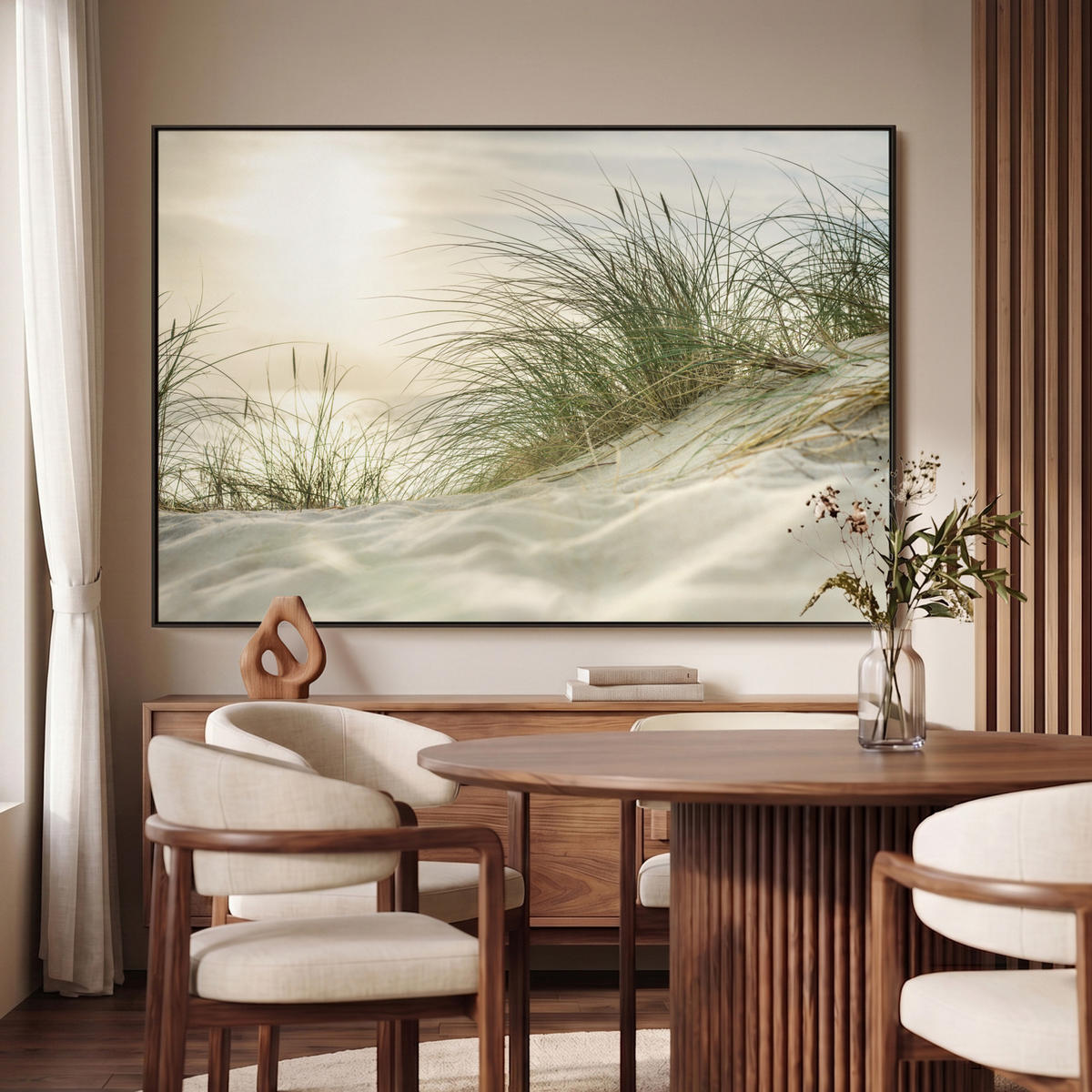 LEINWAND Bilder mit Rahmen - Dünen mit Strandhafer in der Sonne des Nationalparks Schleswig-Holsteinisches Wattenmeer - 150x100 - Creme, Textil (150/100cm) - MuchoWow