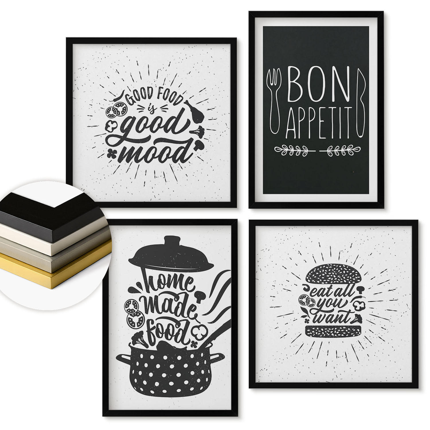 WANDBILDER 4er-Set - 50x50 cm & 40x60 cm Schwarzer Rahmen - Grafiken, Lebensmittel, kulinarische Slogans - Schwarz, Kunststoff (50/50cm) - ArtPrintCave