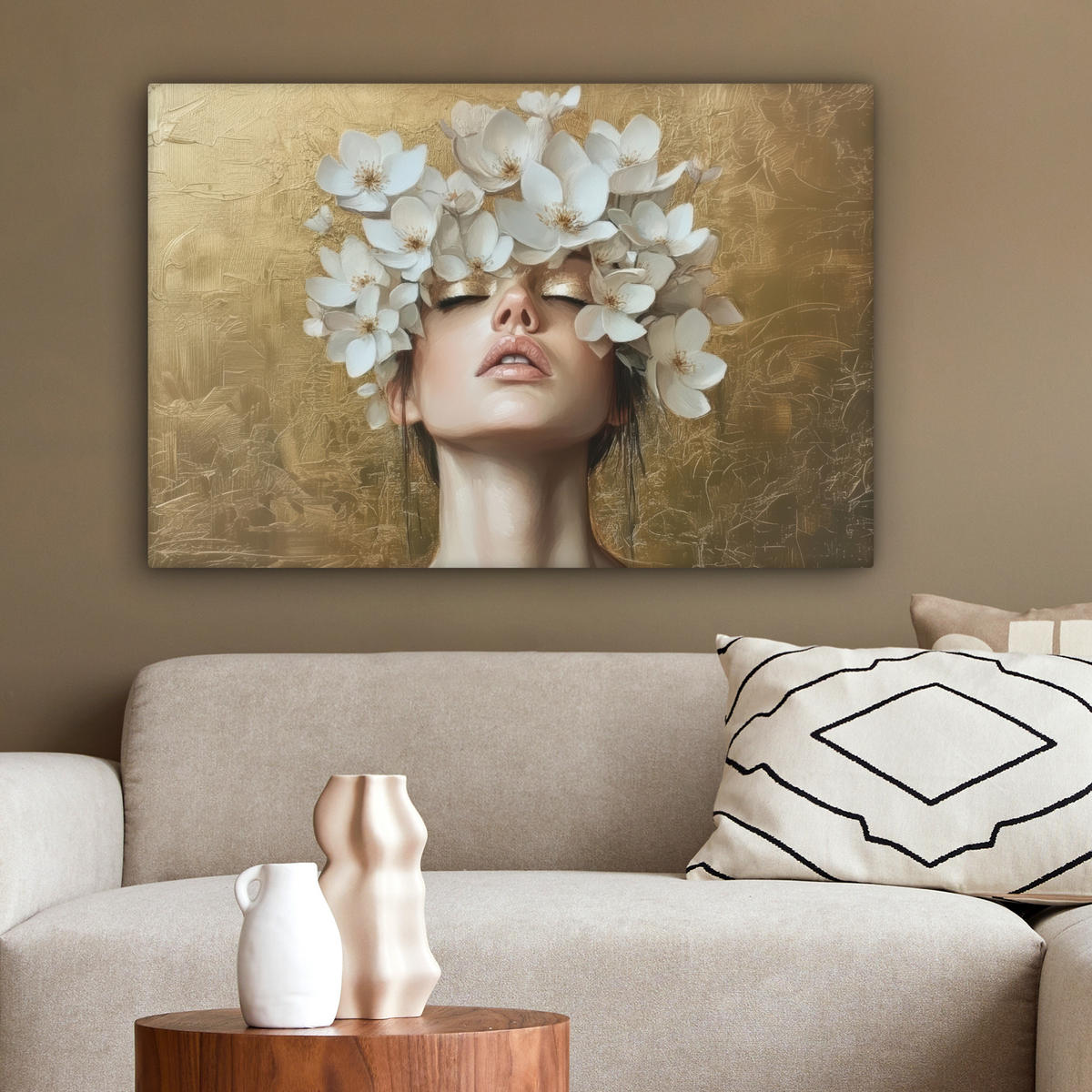 LEINWANDBILD Gesicht - Blumen - Gold - Abstrakt Gemälde 60x40 cm - Goldfarben, Textil (60/40cm) - MuchoWow