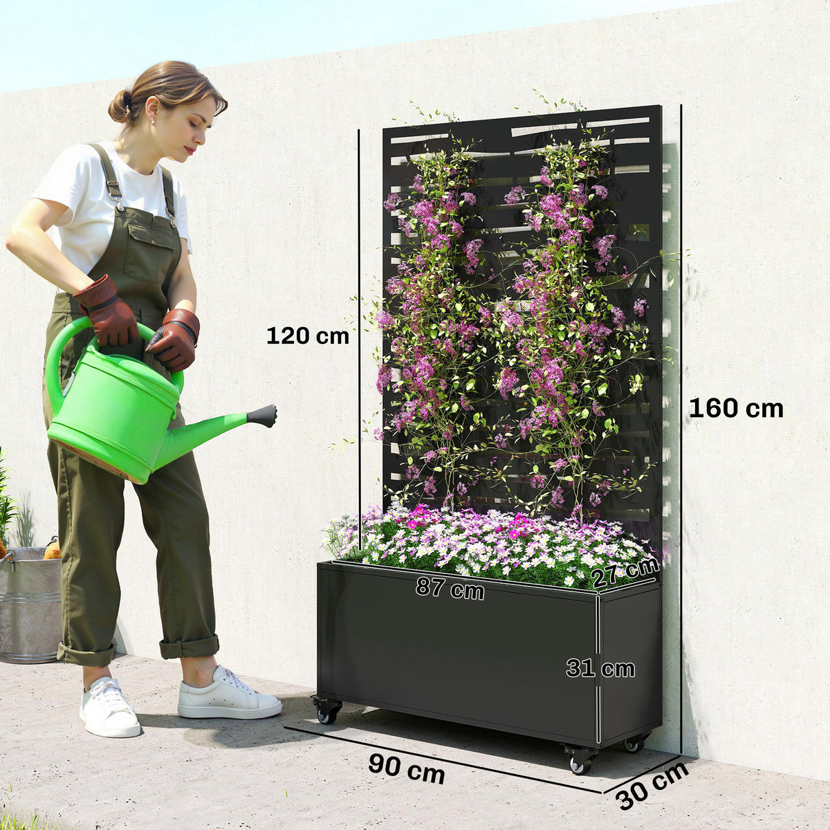HOCHBEET DE-12280 auf Rollen mit Sichtschutz, 90/30/160 cm Schwarz - Schwarz, Metall (90/160/30cm) - ComfortXL