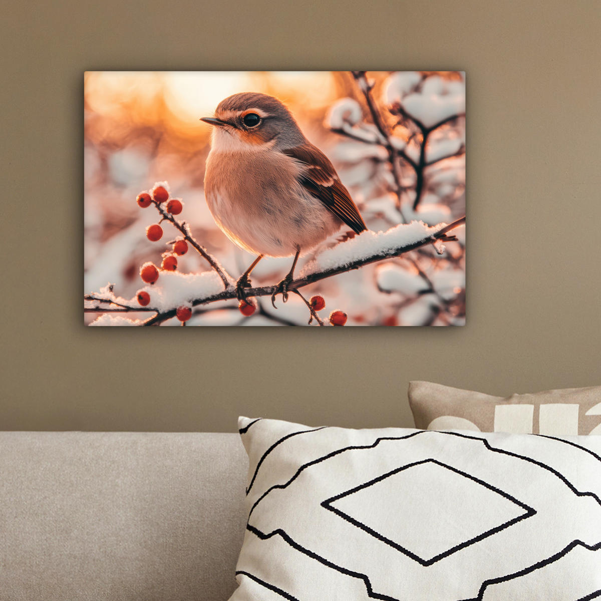 LEINWANDBILD Vogel - Zweig - Winter - Tiere - Schnee 30x20 cm - Bernsteinfarben, Textil (30/20cm) - MuchoWow