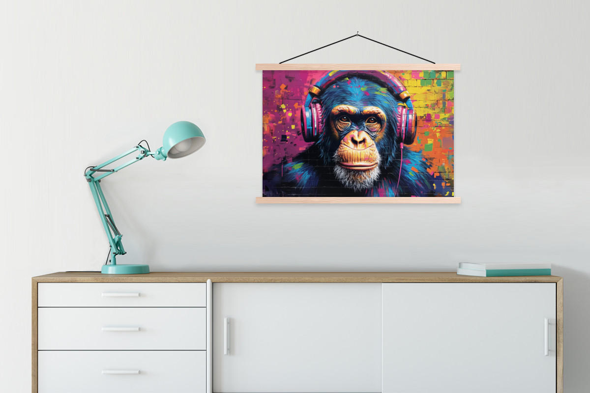POSTER Graffiti - Schimpanse - Straßenkunst - Kopfhörer - Affe 90x60 cm - Blau, Textil (90/60/0.15cm) - MuchoWow