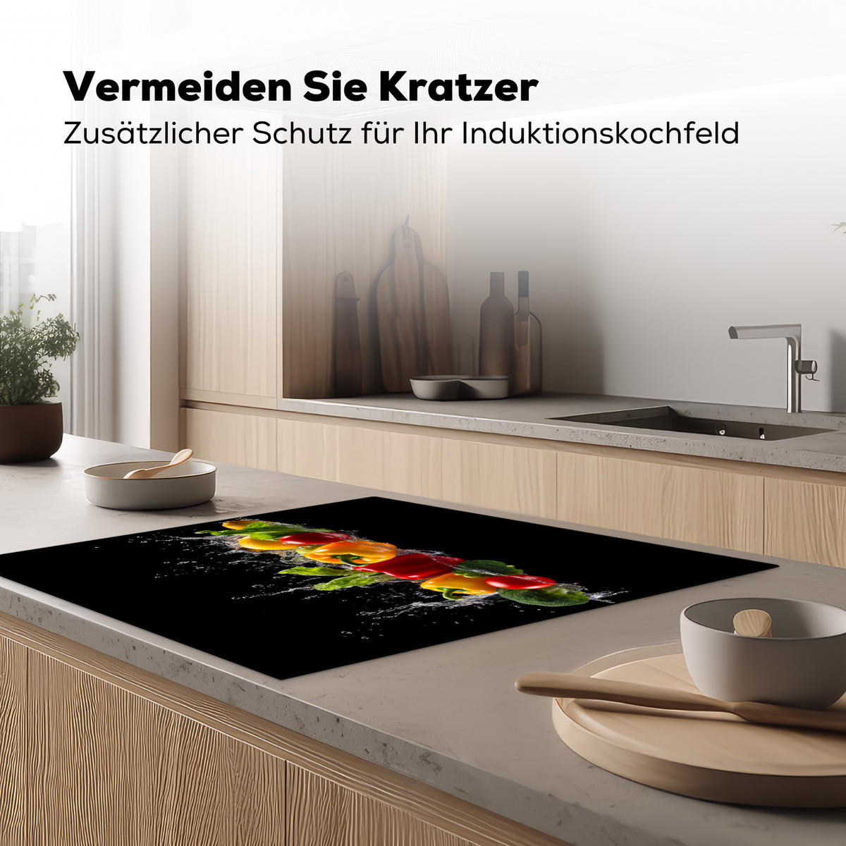 HERDABDECKPLATTE Paprika - Wasser - Gemüse - Schwarz Induktionsmatte 78x78 cm - Multicolor, Kunststoff (78/78/0.2cm) - MuchoWow