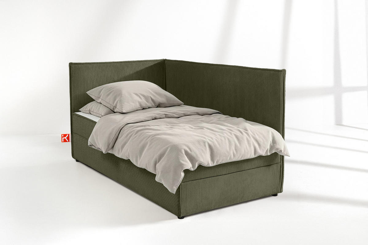 JUGENDBETT ROTI Einzelbett mit Bettkasten, 90x200cm, Bett mit Bonellmatratze, mit Rückenlehne - Schwarz/Olivgrün, Holz/Holzwerkstoff (92/200cm) - KONSIMO®