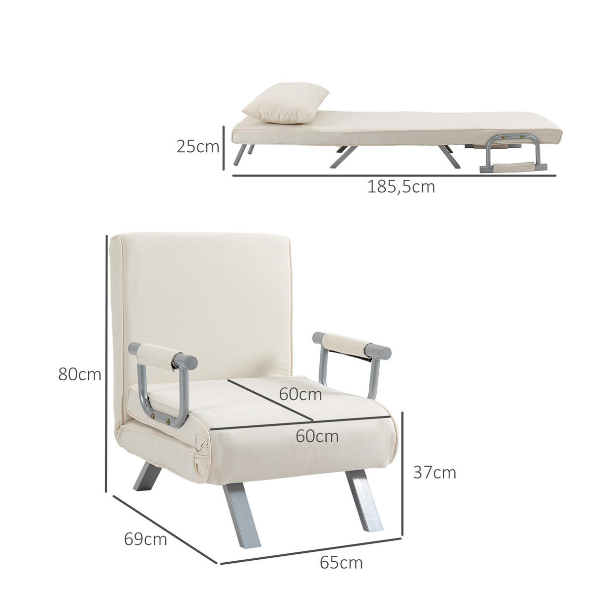 3-IN-1 Schlafsofa Schlafsessel Armlehne Klappbett Gästebett Chaiselongue Creme - Creme, Kunststoff (69/80/65cm) - HOMCOM