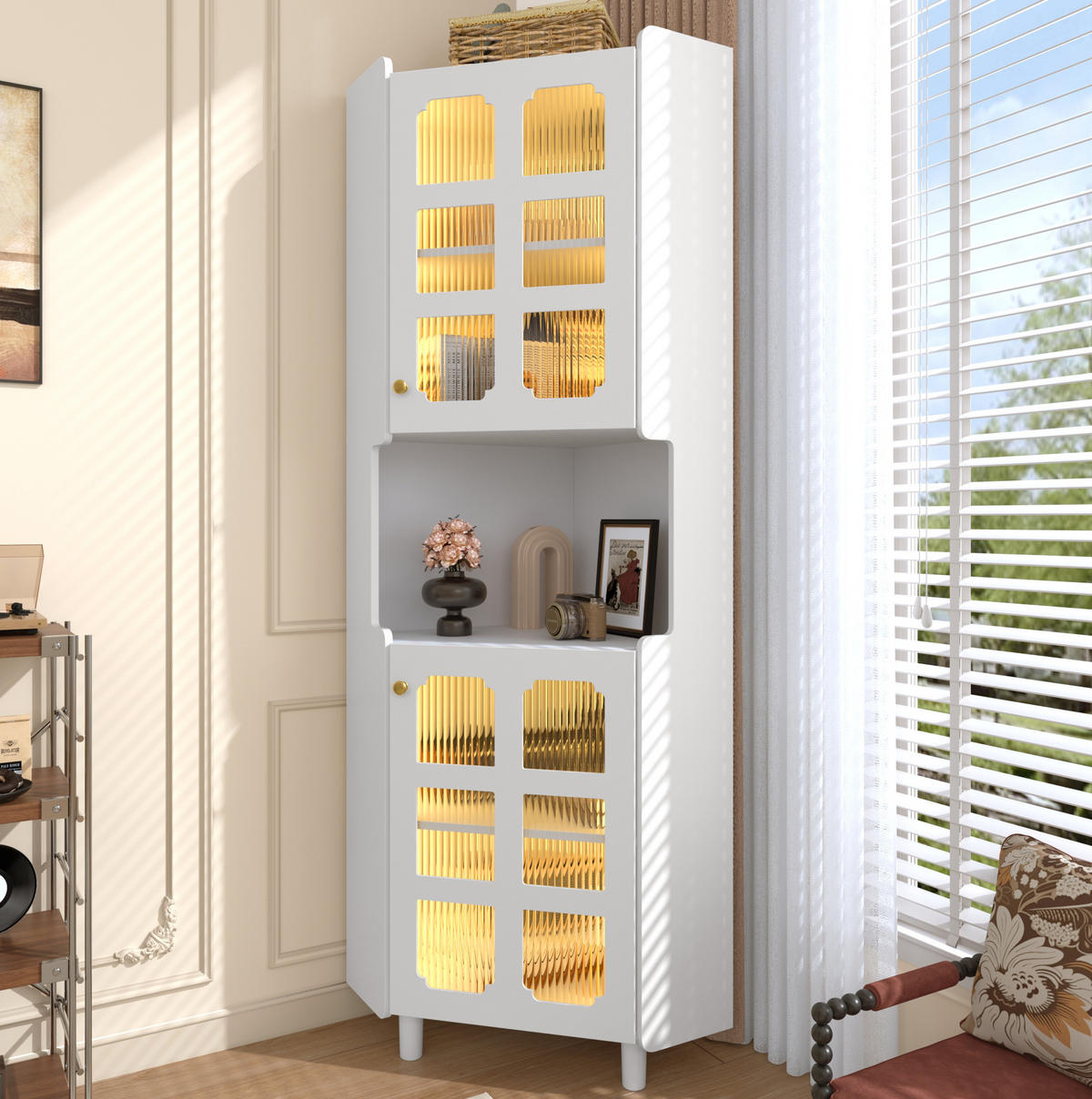 LED-ECKSPEICHERSCHRANK 63.5x17x157.5 cm Weiß aus Spanplatte mit App-LED & 3-Zonen-Storage - Weiß, Holzwerkstoff (63.5/157.5/17cm) - Modfu