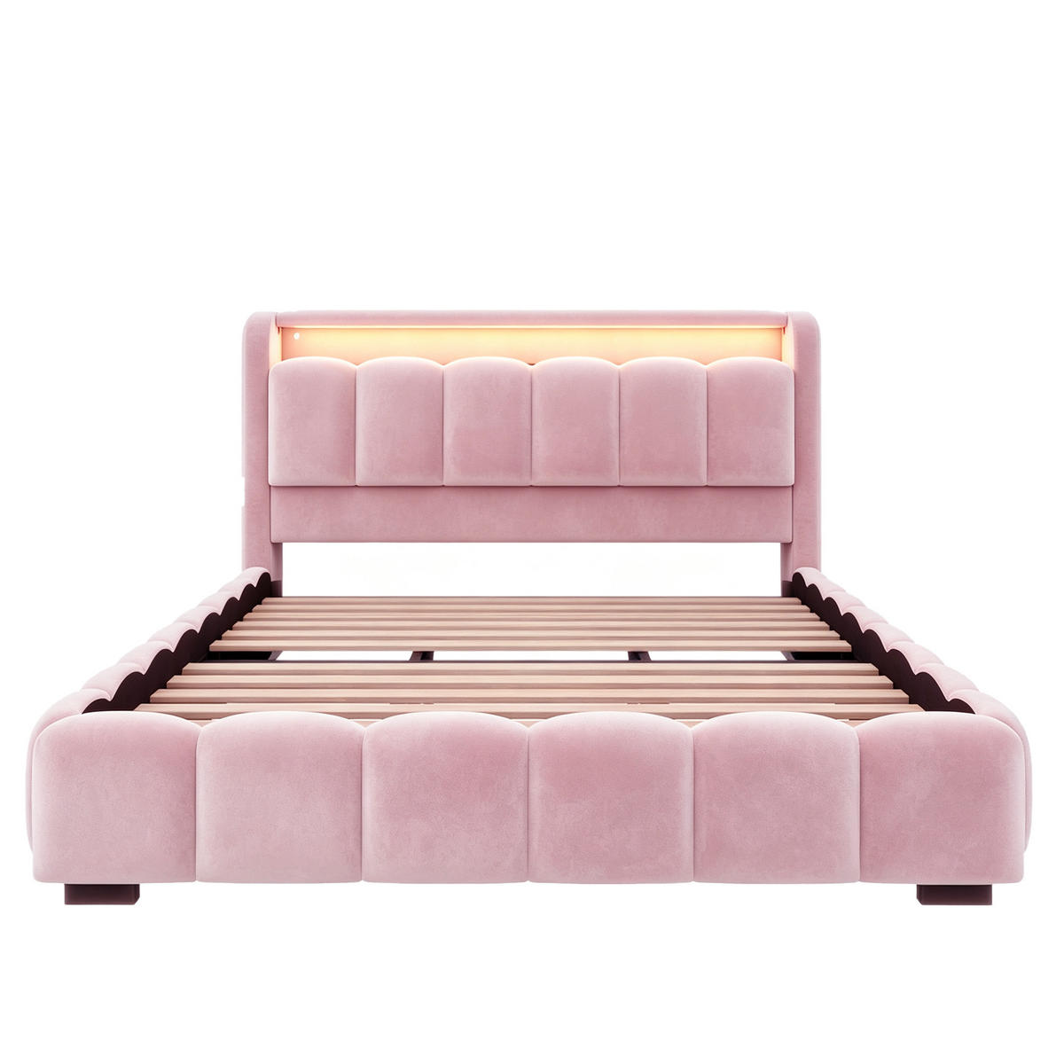 POLSTERBETT 180/200 mit LED/USB, Kopfteil Stauraum, Samt, Rosa - Rosa, Holz (180/200cm) - LVHOM